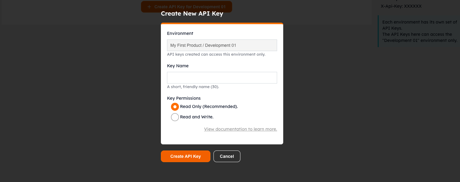 创建 API 密钥对话框