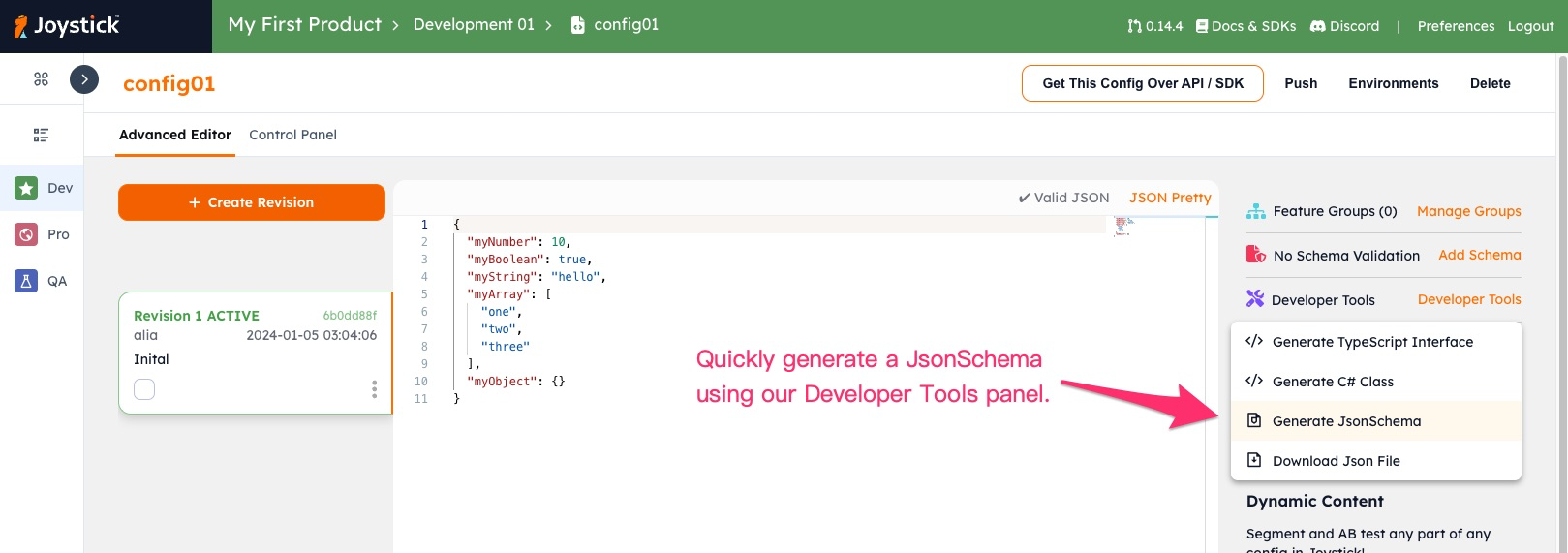 Generate a JSON schema using developer tools